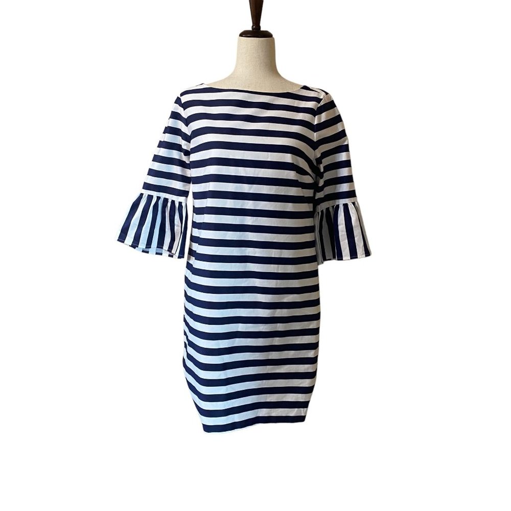 J &‎ J Navy Blue Striped Dress Women Size Medium Nautical Bell Sleeves Lined Zip